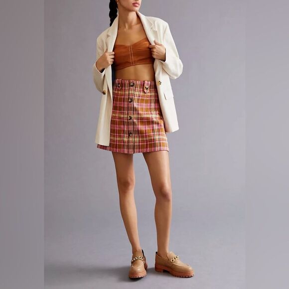 Maeve by Anthropologie Women's Plaid Pink Button-Front Mini Skirt Size 6 - Picture 2 of 11